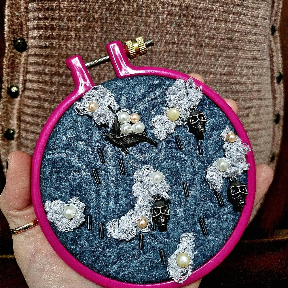 Cross stitch embroidery handmade handcrafted with bird & skulls 💖